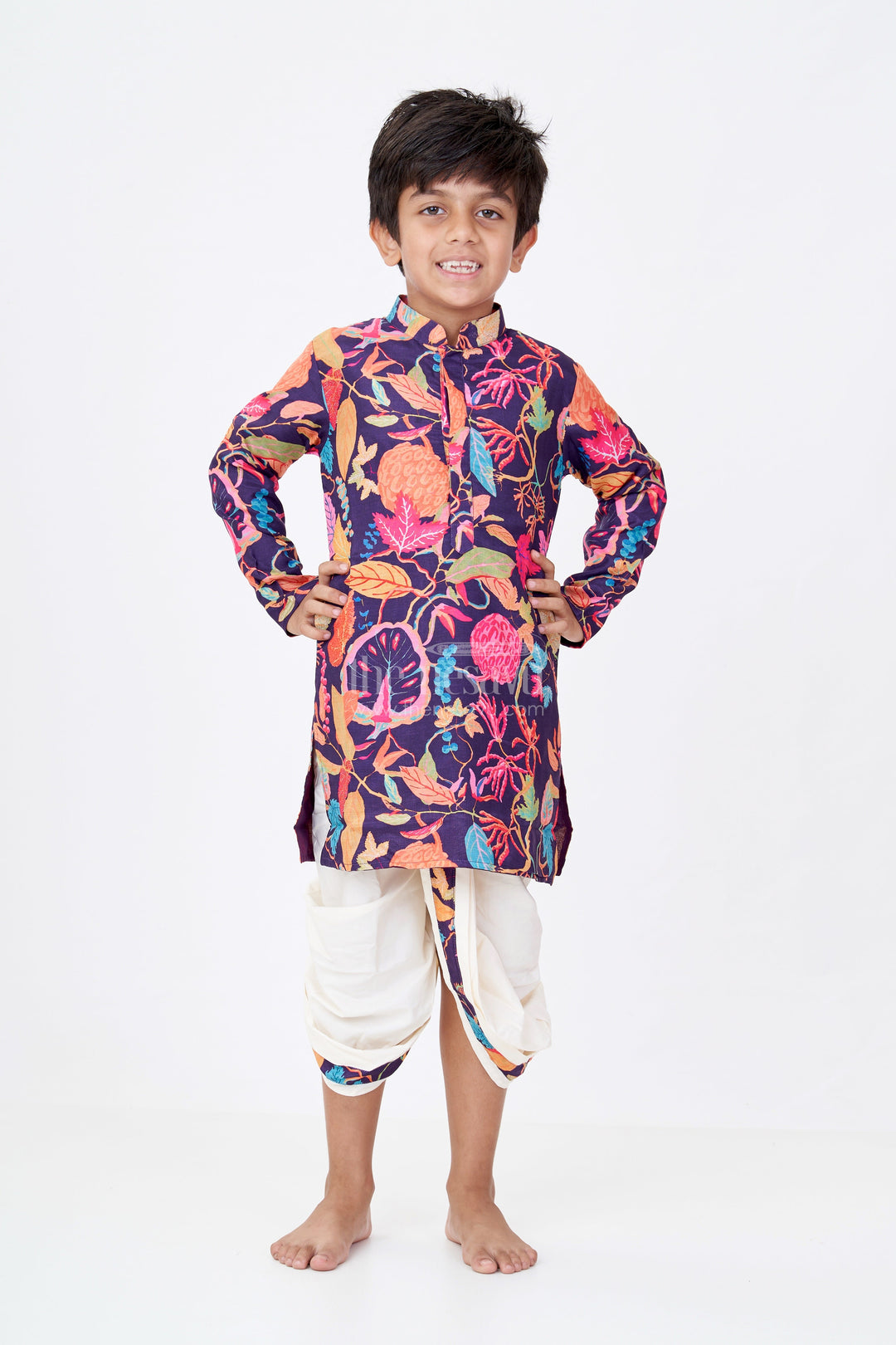 The Nesavu Boys Dothi Set Boys Leaf Design Kurta Dhoti Set in Viscose Cotton Blend with Vibrant Multicolour Digital Print Nesavu Boys Leaf Design Kurta Multicolour Dhoti Set Viscose Cotton Digital Print Detailing | The Nesavu