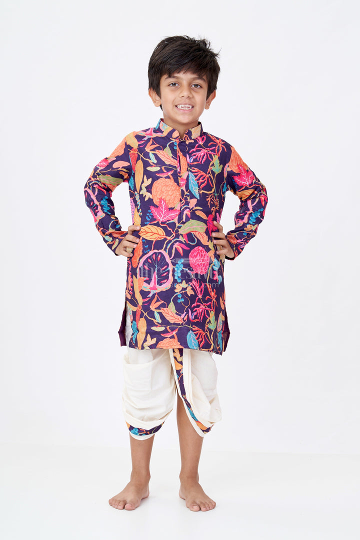 The Nesavu Boys Dothi Set Boys Leaf Design Kurta Dhoti Set in Viscose Cotton Blend with Vibrant Multicolour Digital Print Nesavu Boys Leaf Design Kurta Multicolour Dhoti Set Viscose Cotton Digital Print Detailing | The Nesavu