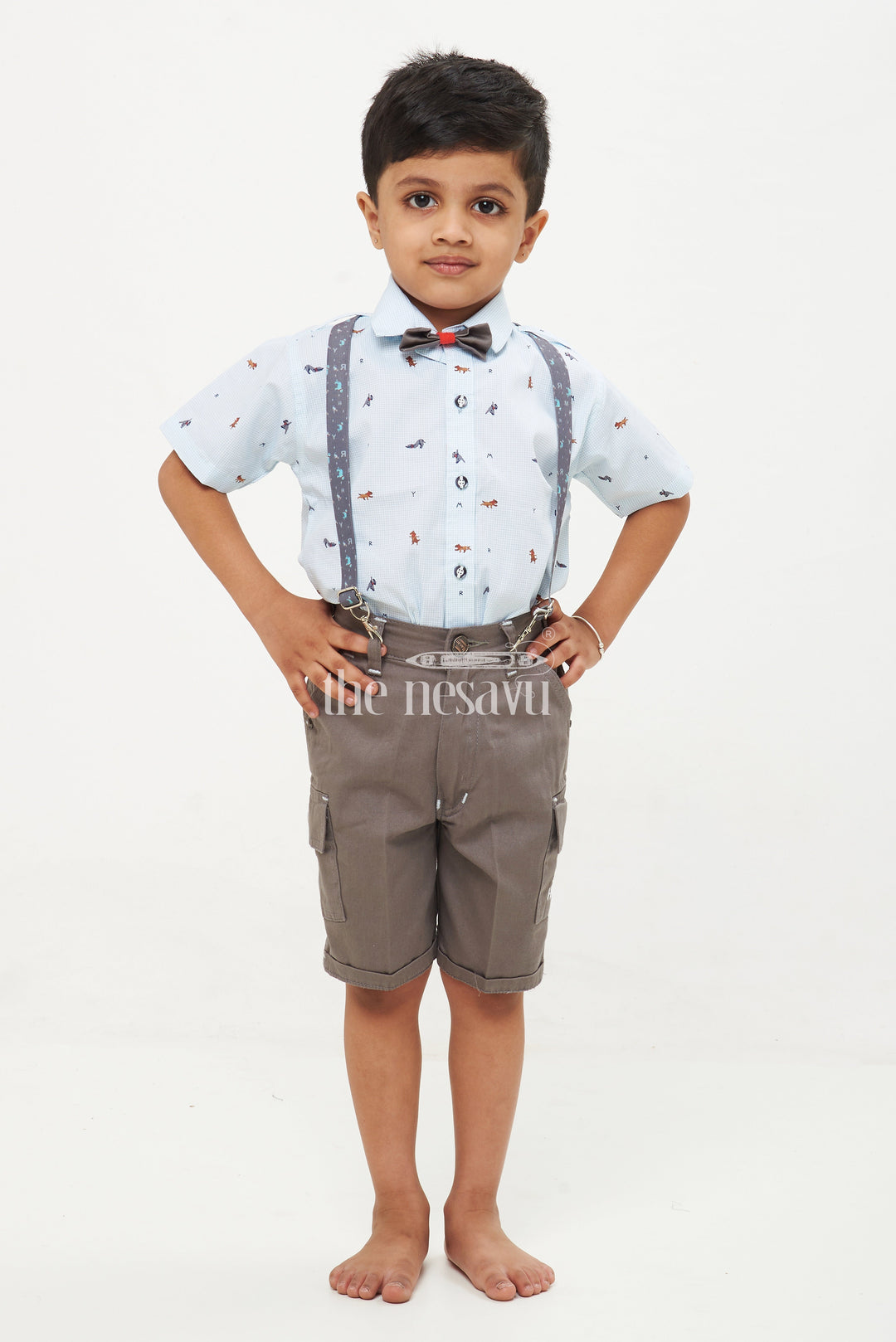 The Nesavu Boys Casual Set Boys' Light Blue Animal Print Suspender Set Nesavu 14 (6M) / Beige BCS090A-14 Boys' Light Blue Animal Print Suspender Set - Adorable Outfit