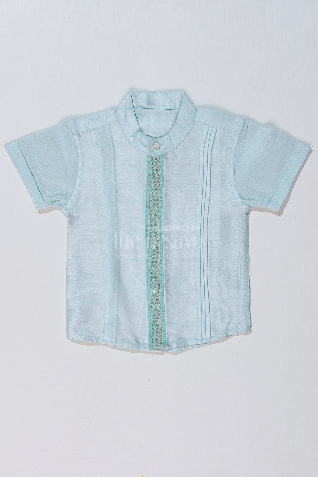 The Nesavu Boys Silk Shirt Boys Light Blue Silk Shirt with Embroidered Borders and Mandarin Collar for Traditional Wear Nesavu 16 (1Y) / Blue BS235A-16 Boys Light Blue Silk Shirt Embroidered Details Mandarin Collar Ethnic Wear | The Nesavu