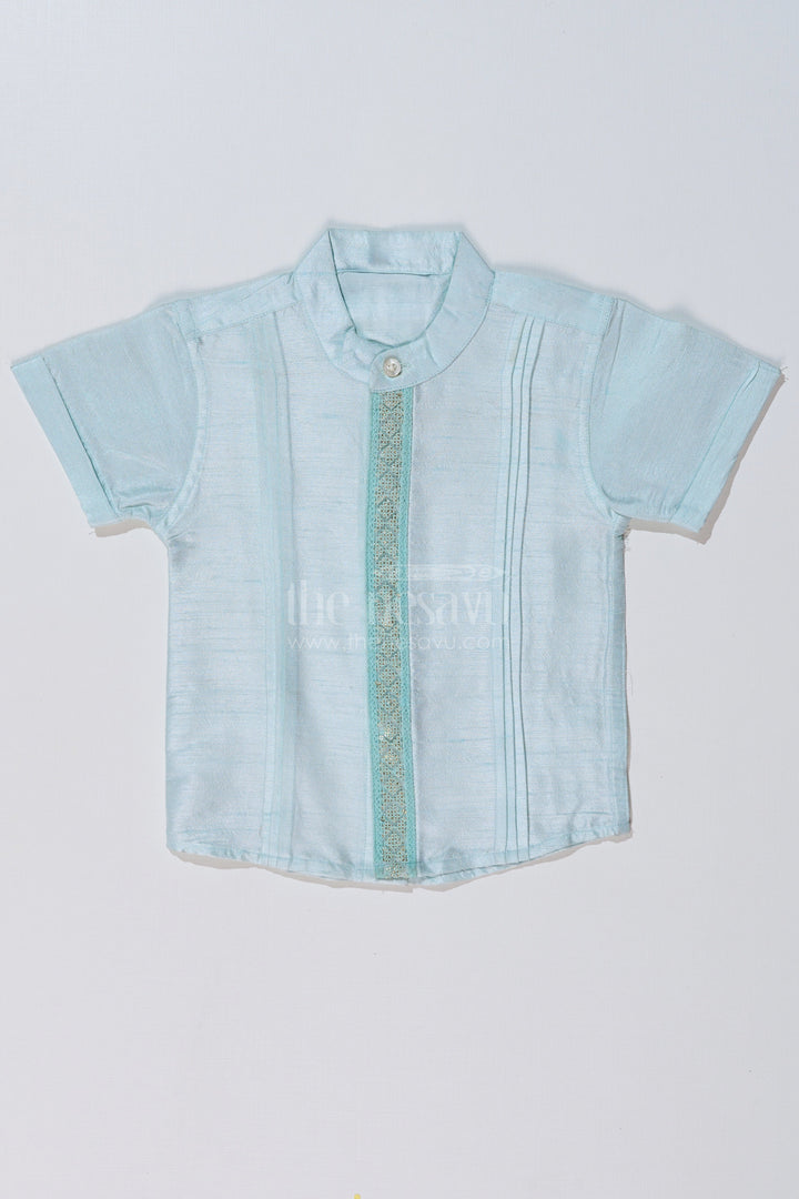 The Nesavu Boys Silk Shirt Boys Light Blue Silk Shirt with Embroidered Borders and Mandarin Collar for Traditional Wear Nesavu 16 (1Y) / Blue BS235A-16 Boys Light Blue Silk Shirt Embroidered Details Mandarin Collar Ethnic Wear | The Nesavu