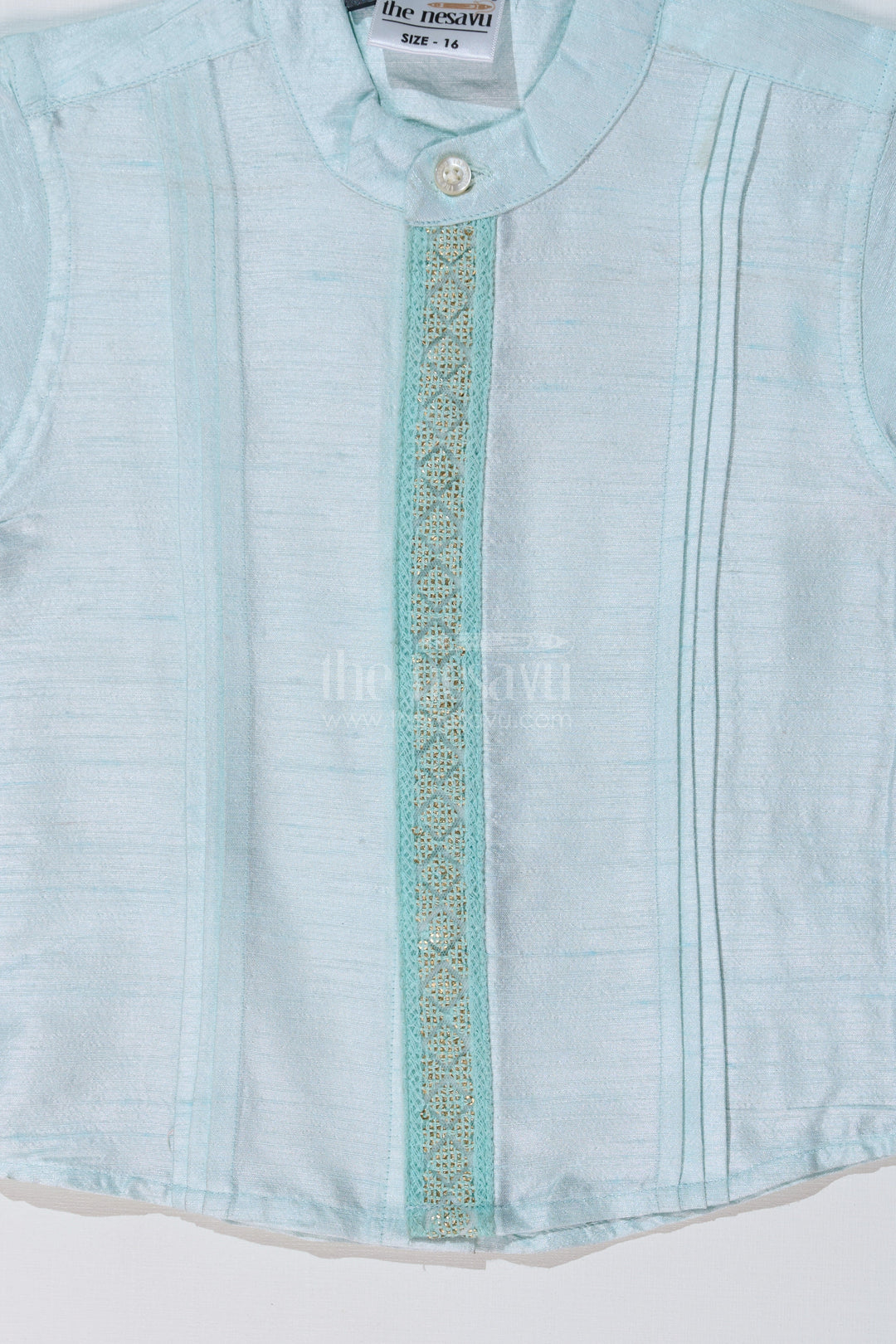 The Nesavu Boys Silk Shirt Boys Light Blue Silk Shirt with Embroidered Borders and Mandarin Collar for Traditional Wear Nesavu Boys Light Blue Silk Shirt Embroidered Details Mandarin Collar Ethnic Wear | The Nesavu