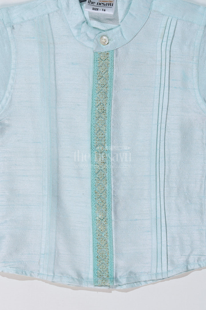 The Nesavu Boys Silk Shirt Boys Light Blue Silk Shirt with Embroidered Borders and Mandarin Collar for Traditional Wear Nesavu Boys Light Blue Silk Shirt Embroidered Details Mandarin Collar Ethnic Wear | The Nesavu
