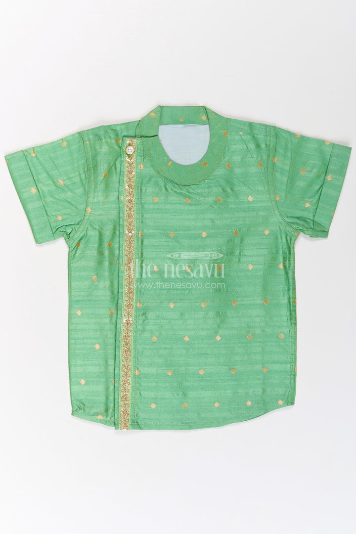 The Nesavu Boys Silk Shirt Boys Light Green Banaras Silk Shirt with Subtle Golden Buttas and Traditional Zari Trim Nesavu 16 (1Y) / Green BS252D-16 Light Green Boys Banaras Silk Shirt Golden Buttas Ethnic Zari Panel Detailing | The Nesavu