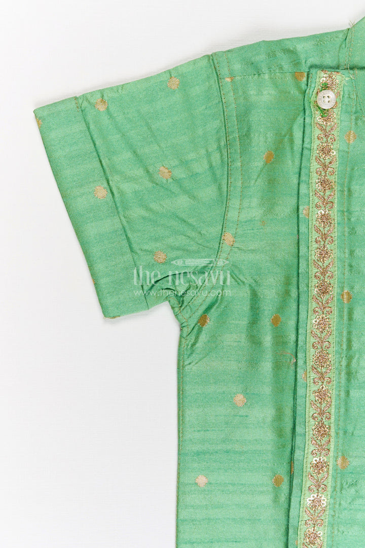 The Nesavu Boys Silk Shirt Boys Light Green Banaras Silk Shirt with Subtle Golden Buttas and Traditional Zari Trim Nesavu Light Green Boys Banaras Silk Shirt Golden Buttas Ethnic Zari Panel Detailing | The Nesavu