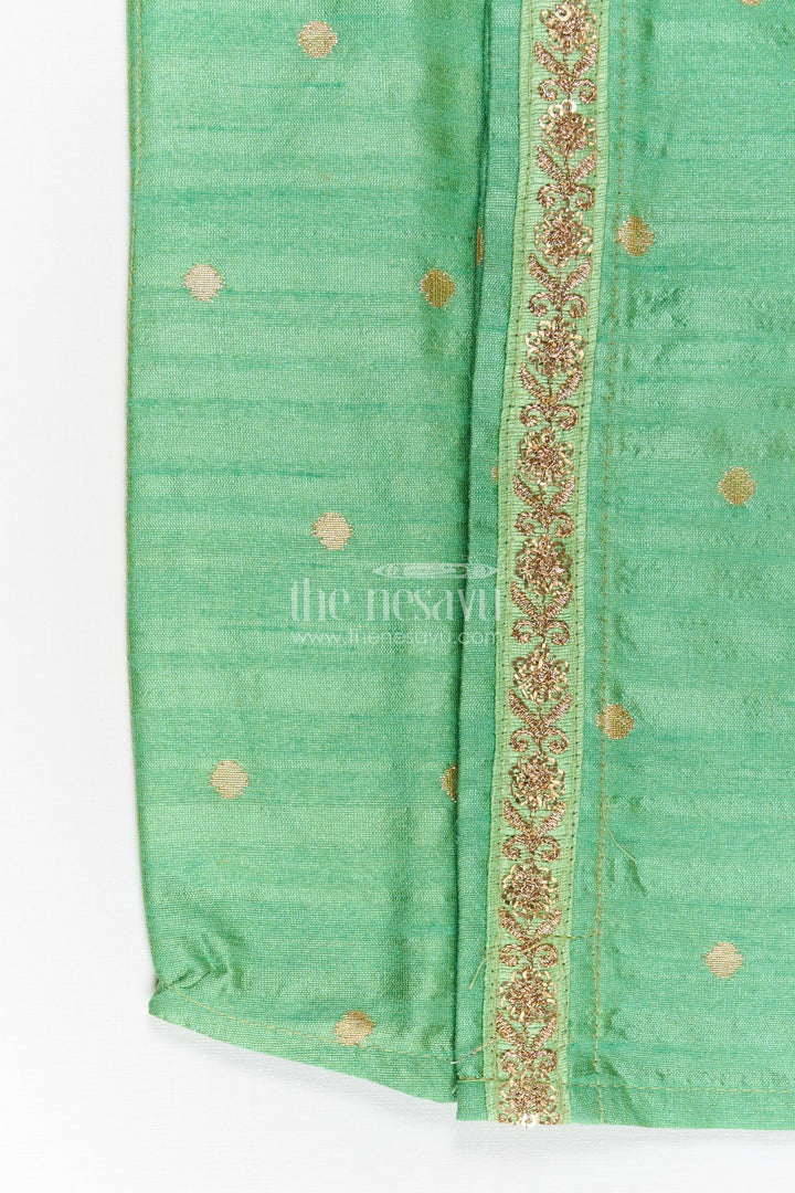 The Nesavu Boys Silk Shirt Boys Light Green Banaras Silk Shirt with Subtle Golden Buttas and Traditional Zari Trim Nesavu Light Green Boys Banaras Silk Shirt Golden Buttas Ethnic Zari Panel Detailing | The Nesavu