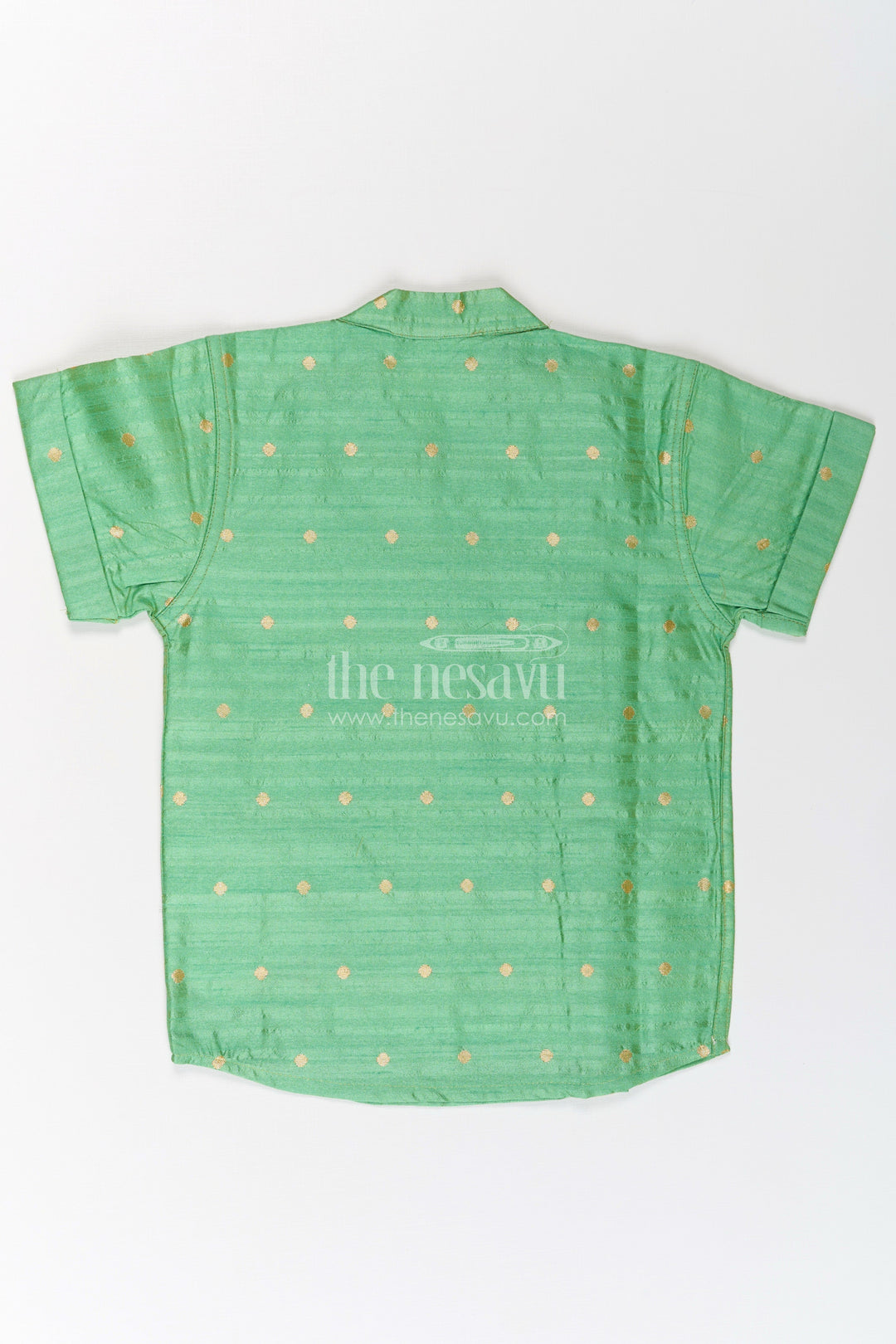 The Nesavu Boys Silk Shirt Boys Light Green Banaras Silk Shirt with Subtle Golden Buttas and Traditional Zari Trim Nesavu Light Green Boys Banaras Silk Shirt Golden Buttas Ethnic Zari Panel Detailing | The Nesavu
