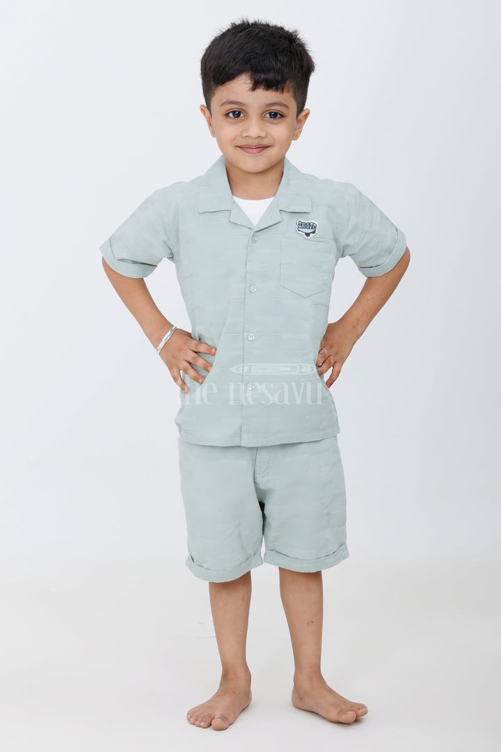 The Nesavu Boys Casual Set Boys Light Green Casual Set with Button-Down Shirt, Graphic Shirt, and Matching Shorts Nesavu Nesavu Boys Light Green Casual Set Graphic Shirt Button-Down Shirt Shorts Playdates