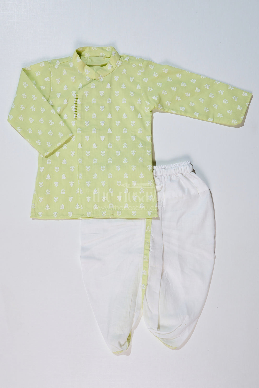 The Nesavu Boys Dothi Set Boys Light Green Shirt with Dhoti in Chikankari Cotton for Festive and Traditional Wear Nesavu 16 (1Y) / Green BES630C-16 Boys Light Green Embroidered Kurta White Dhoti Traditional Festivities | The Nesavu