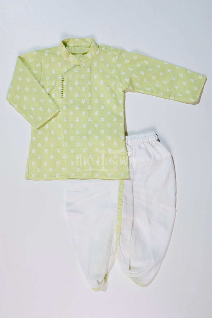 The Nesavu Boys Dothi Set Boys Light Green Shirt with Dhoti in Chikankari Cotton for Festive and Traditional Wear Nesavu 16 (1Y) / Green BES630C-16 Boys Light Green Embroidered Kurta White Dhoti Traditional Festivities | The Nesavu