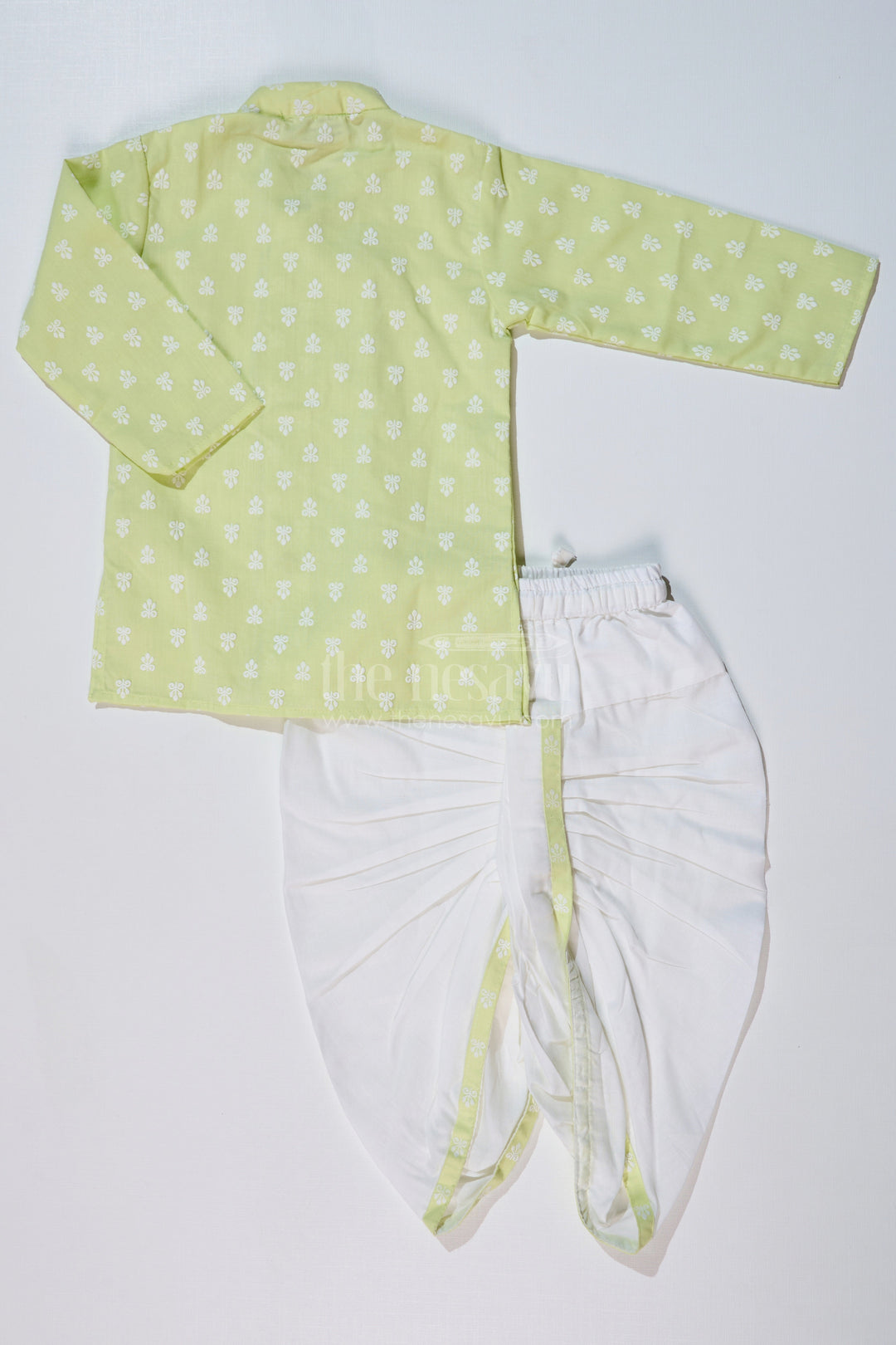 The Nesavu Boys Dothi Set Boys Light Green Shirt with Dhoti in Chikankari Cotton for Festive and Traditional Wear Nesavu Boys Light Green Embroidered Kurta White Dhoti Traditional Festivities | The Nesavu