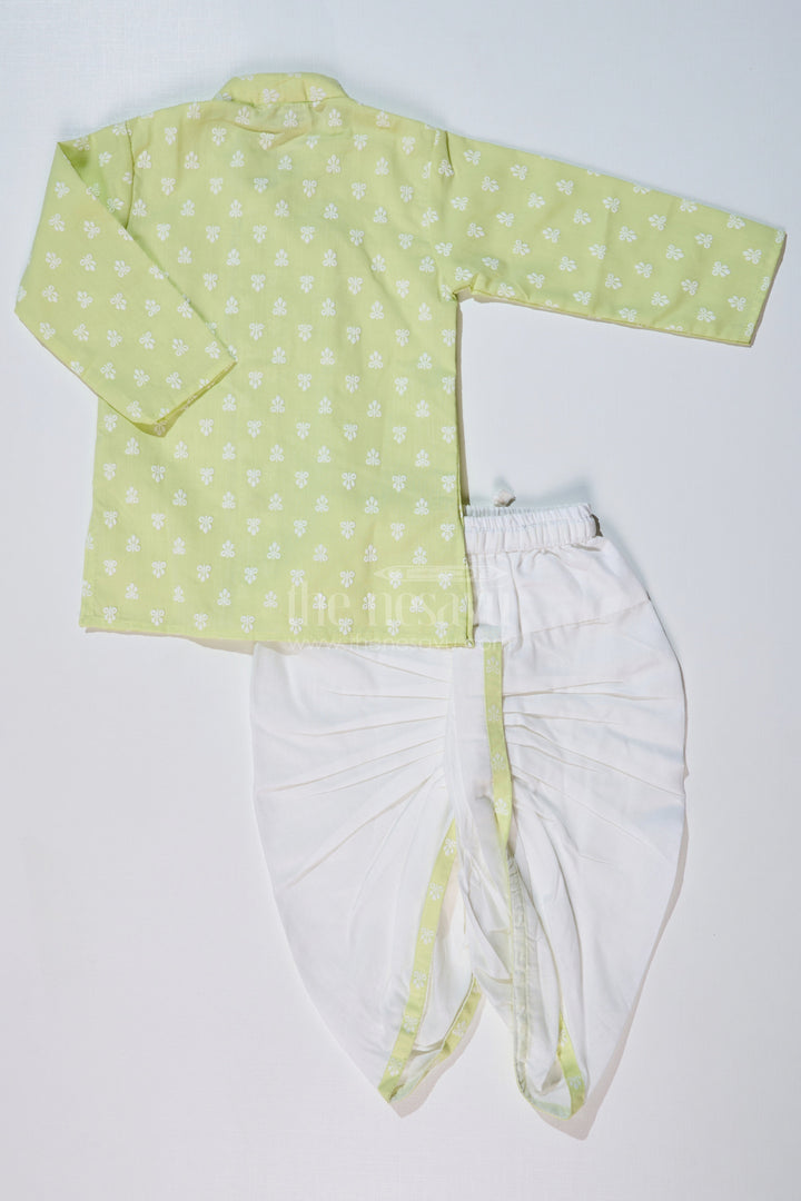 The Nesavu Boys Dothi Set Boys Light Green Shirt with Dhoti in Chikankari Cotton for Festive and Traditional Wear Nesavu Boys Light Green Embroidered Kurta White Dhoti Traditional Festivities | The Nesavu