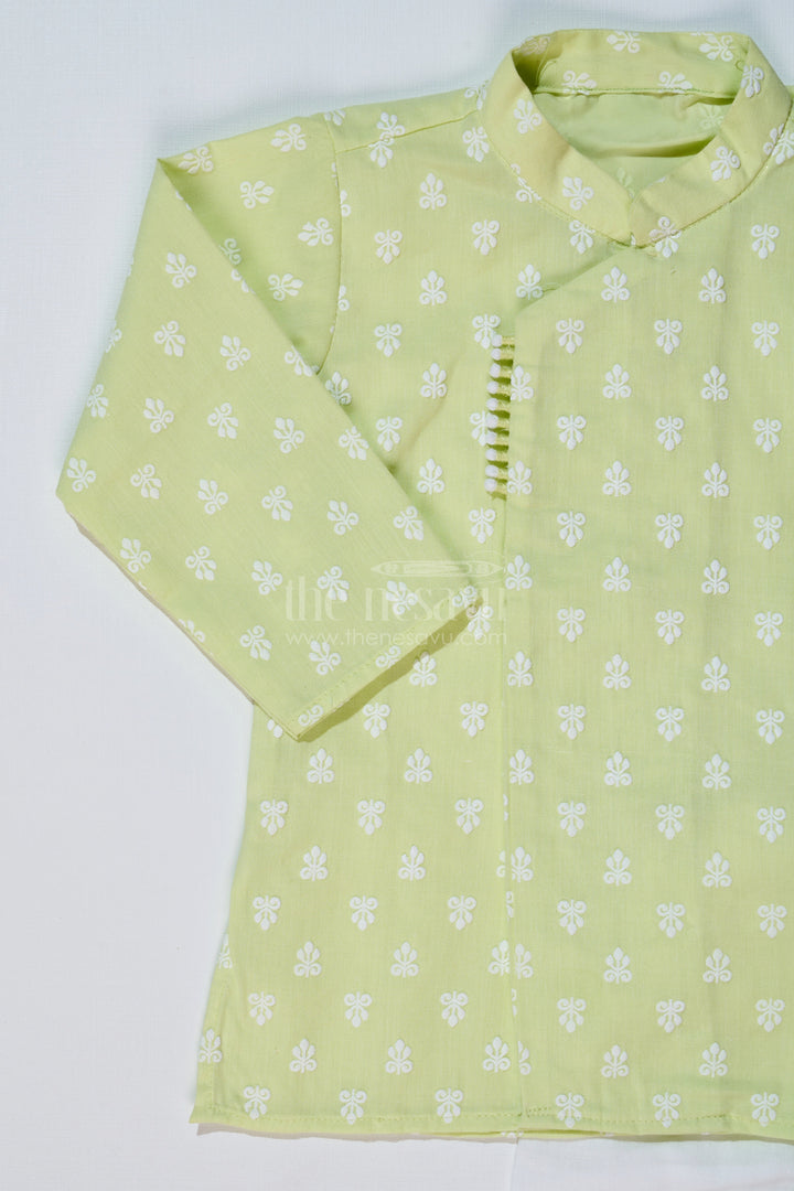 The Nesavu Boys Dothi Set Boys Light Green Shirt with Dhoti in Chikankari Cotton for Festive and Traditional Wear Nesavu Boys Light Green Embroidered Kurta White Dhoti Traditional Festivities | The Nesavu