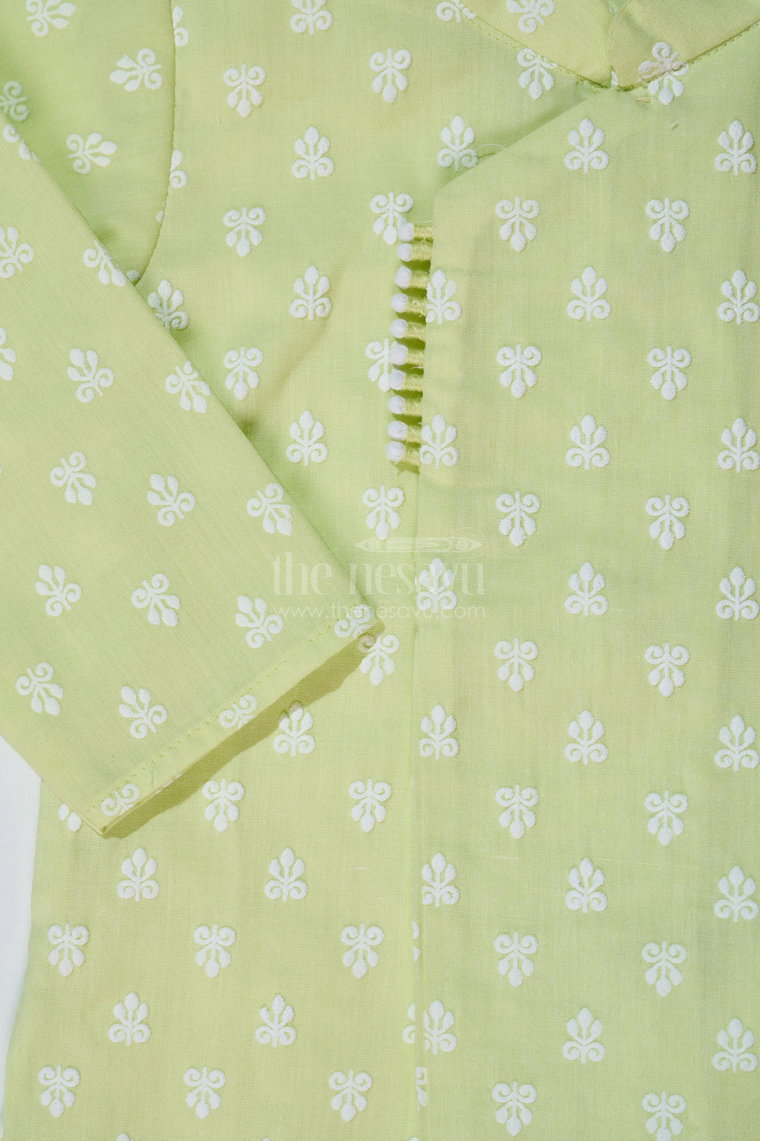 The Nesavu Boys Dothi Set Boys Light Green Shirt with Dhoti in Chikankari Cotton for Festive and Traditional Wear Nesavu Boys Light Green Embroidered Kurta White Dhoti Traditional Festivities | The Nesavu