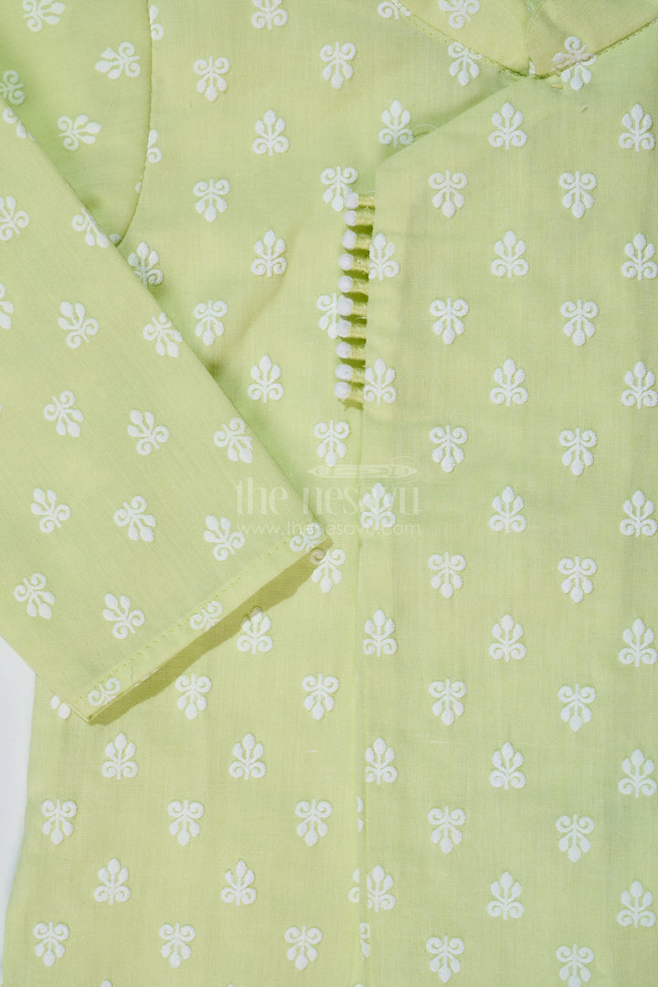 The Nesavu Boys Dothi Set Boys Light Green Shirt with Dhoti in Chikankari Cotton for Festive and Traditional Wear Nesavu Boys Light Green Embroidered Kurta White Dhoti Traditional Festivities | The Nesavu