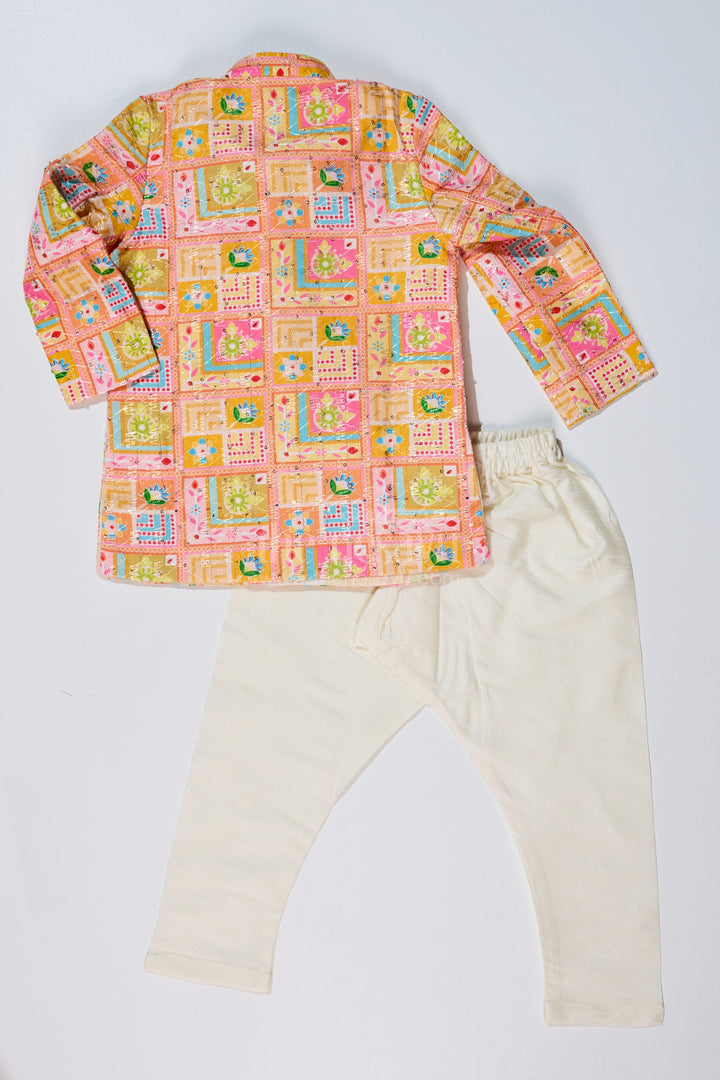 The Nesavu Boys Kurtha Set Boys Light Pink Kurta with Embroidered Jacket and Dhoti for Traditional Festive Wear Nesavu Boys Light Pink Kurta Embroidered Jacket Dhoti Ethnic Festive Wear | The Nesavu