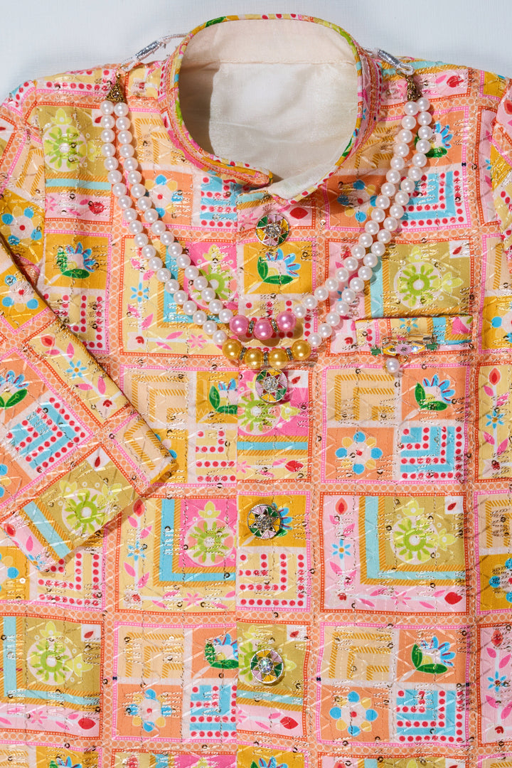 The Nesavu Boys Kurtha Set Boys Light Pink Kurta with Embroidered Jacket and Dhoti for Traditional Festive Wear Nesavu Boys Light Pink Kurta Embroidered Jacket Dhoti Ethnic Festive Wear | The Nesavu