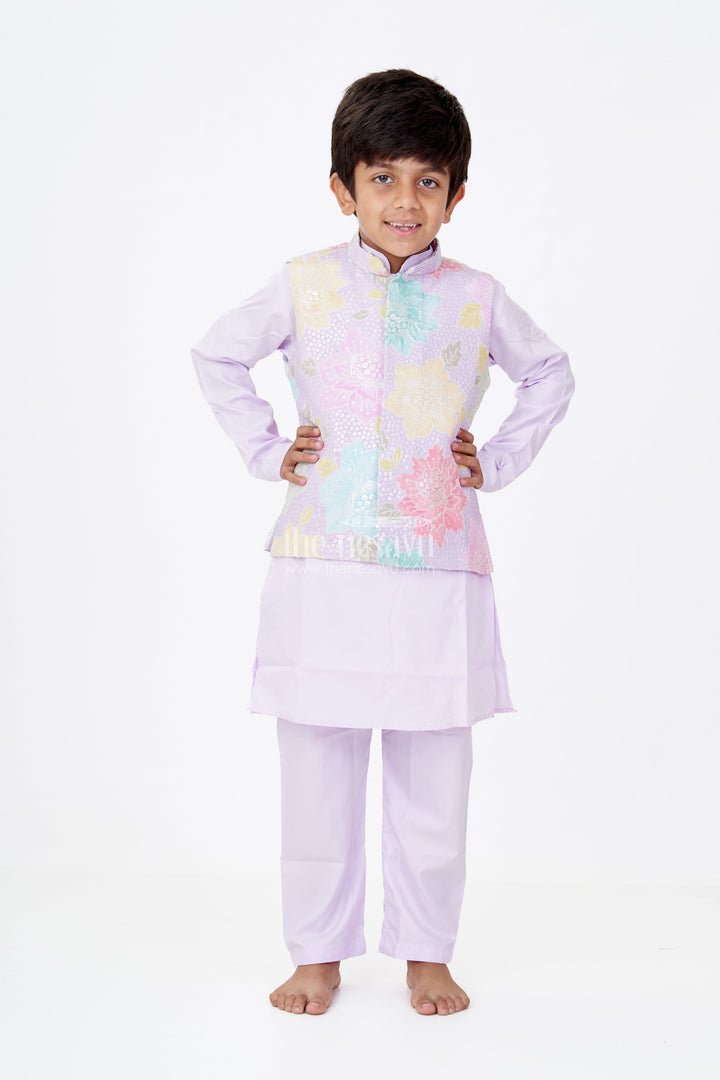 The Nesavu Boys Kurtha Set Boys Light Purple Kurta Set with Sequin Floral Jacket in Pastel Tones On Silk Blend Fabric Nesavu 16 (1Y) / Purple BES682B-16 Boys Light Purple Kurta Set Pastel Sequin Floral Jacket Silk Blend | The Nesavu
