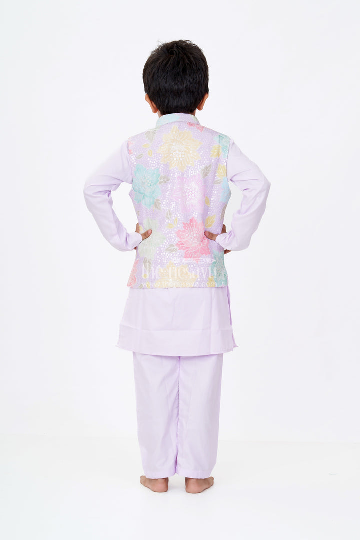 The Nesavu Boys Kurtha Set Boys Light Purple Kurta Set with Sequin Floral Jacket in Pastel Tones On Silk Blend Fabric Nesavu Boys Light Purple Kurta Set Pastel Sequin Floral Jacket Silk Blend | The Nesavu