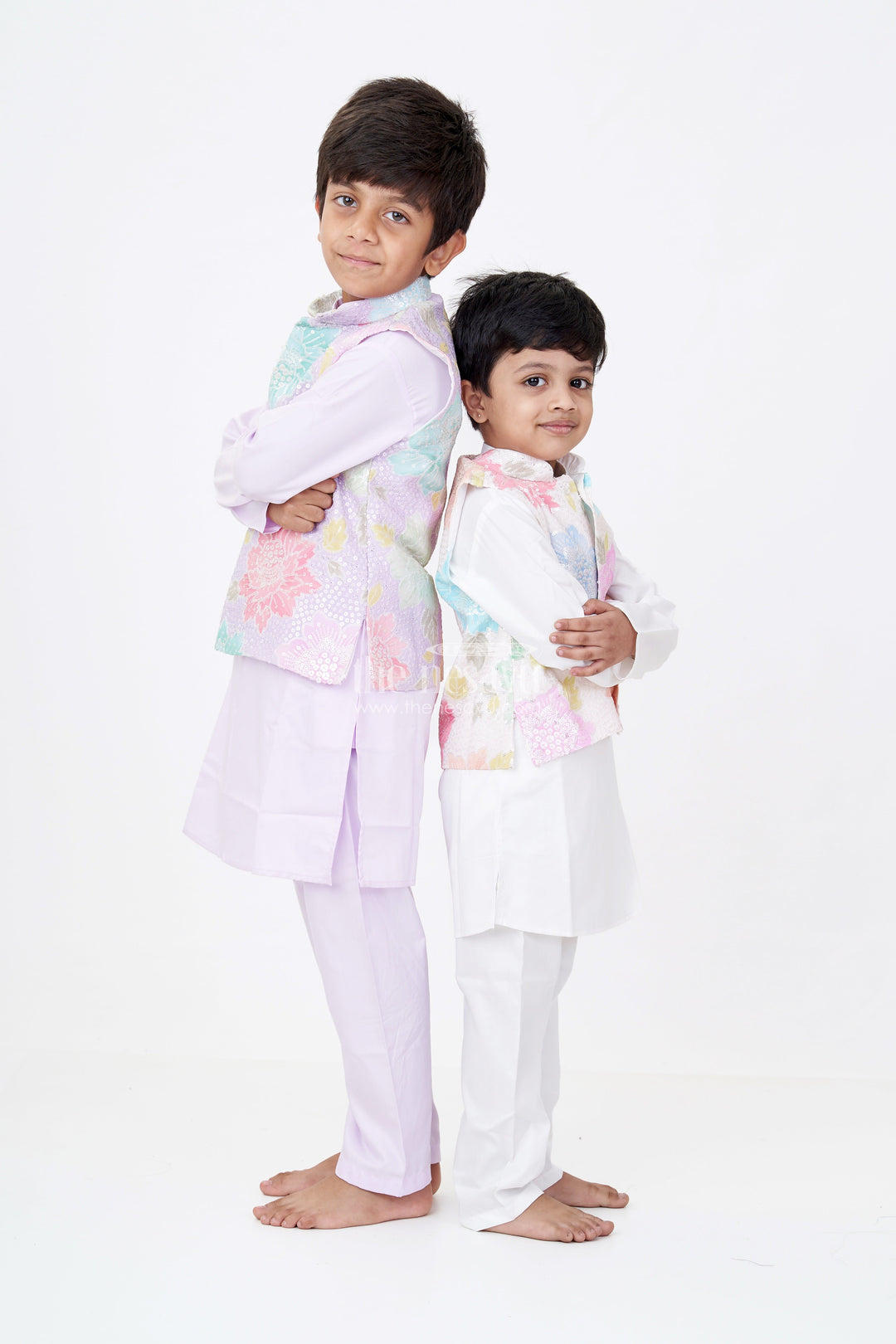 The Nesavu Boys Kurtha Set Boys Light Purple Kurta Set with Sequin Floral Jacket in Pastel Tones on Silk Blend Fabric Nesavu Nesavu Boys Light Purple Kurta Set Pastel Sequin Floral Jacket Silk Blend