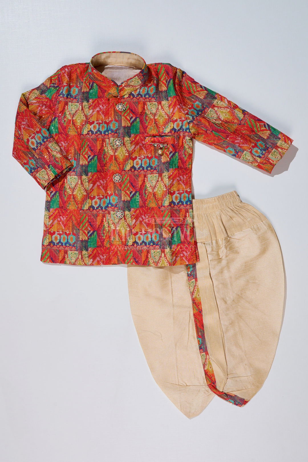 The Nesavu Boys Kurtha Set Boys Light Red Kurta with Printed Jacket and Cream Dhoti for Special Occasions Nesavu 12 (3M) / Red BES640A-12 Boys Light Red Kurta Printed Jacket Cream Dhoti Festive Wear | The Nesavu