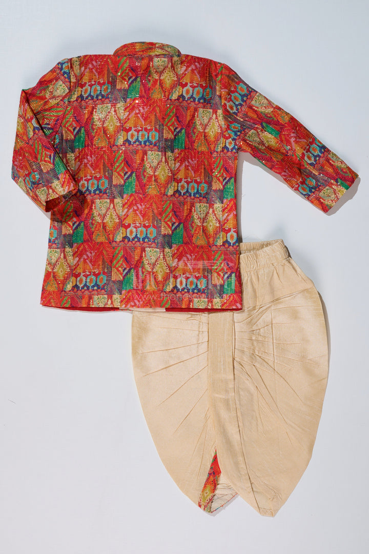 The Nesavu Boys Kurtha Set Boys Light Red Kurta with Printed Jacket and Cream Dhoti for Special Occasions Nesavu Boys Light Red Kurta Printed Jacket Cream Dhoti Festive Wear | The Nesavu