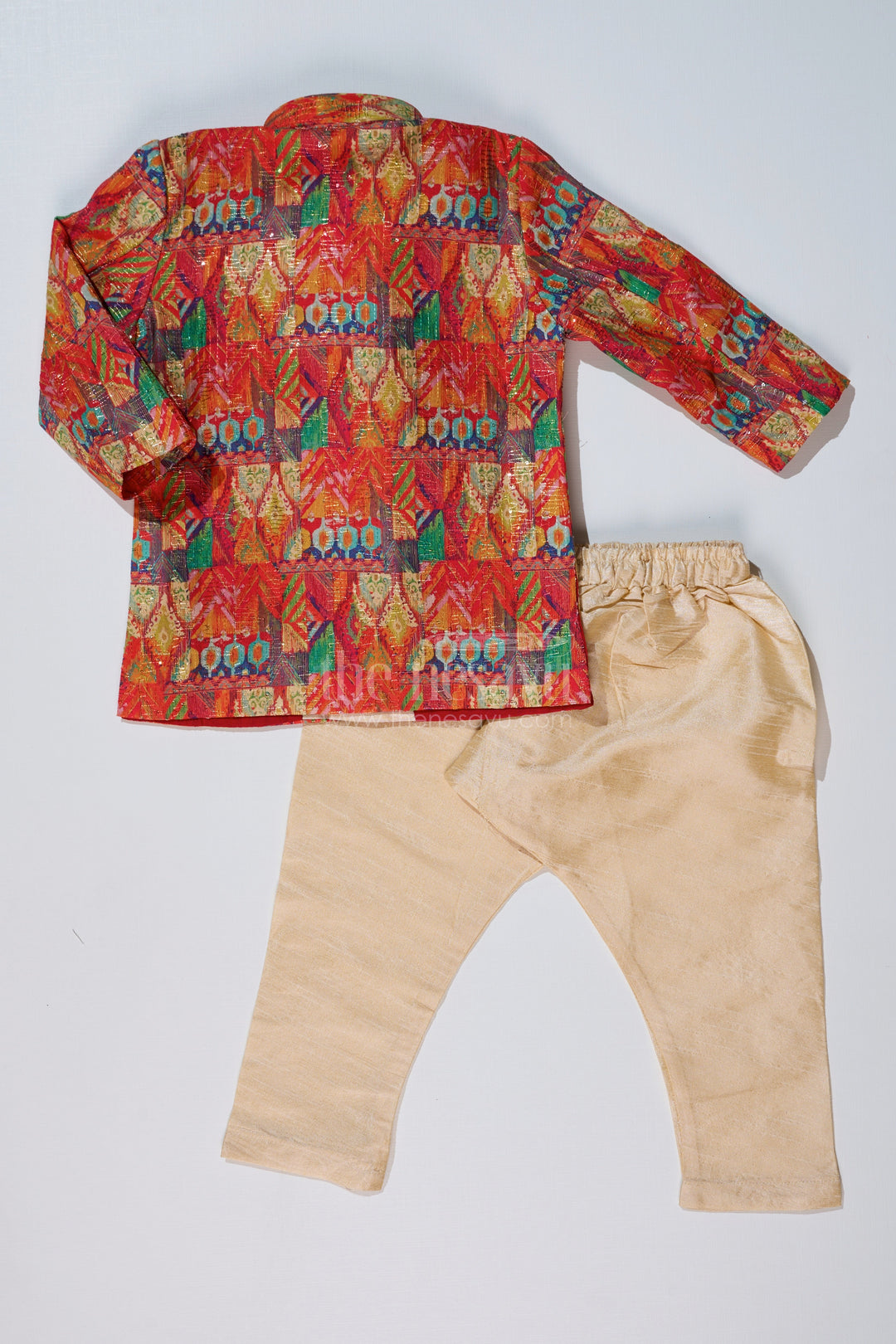 The Nesavu Boys Kurtha Set Boys Light Red Kurta with Printed Jacket and Cream Dhoti for Special Occasions Nesavu Boys Light Red Kurta Printed Jacket Cream Dhoti Festive Wear | The Nesavu