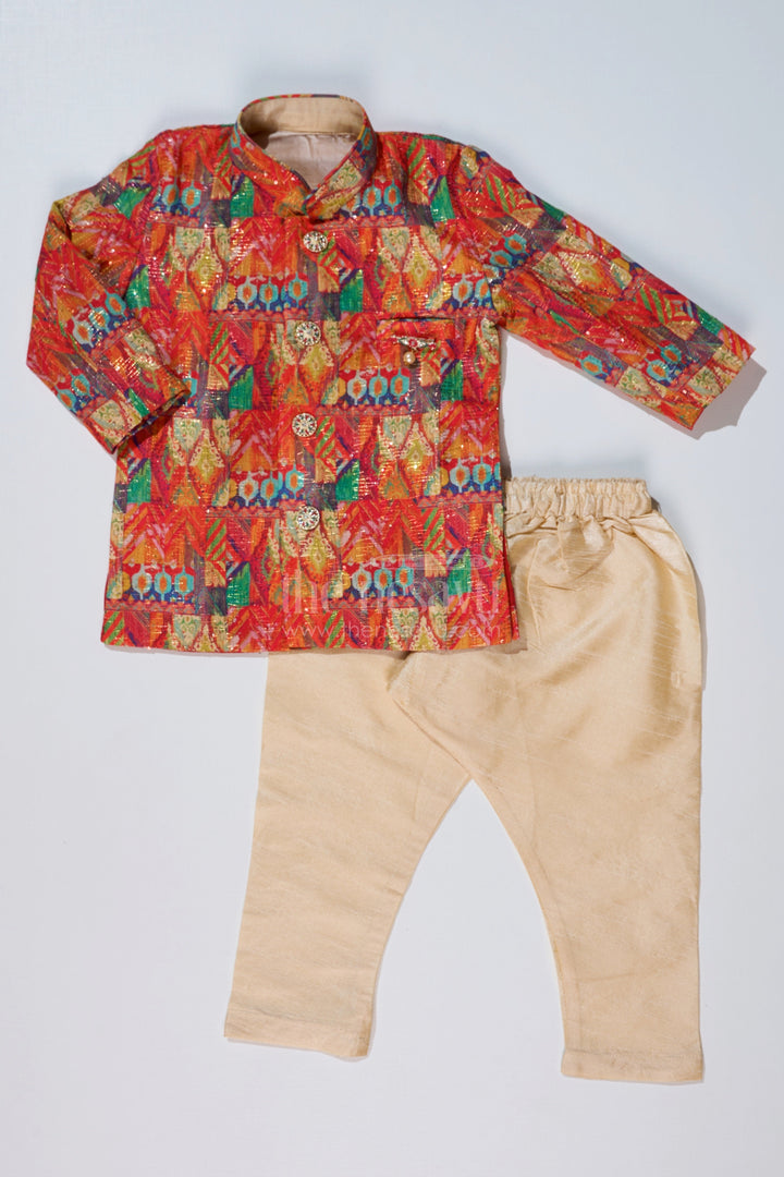 The Nesavu Boys Kurtha Set Boys Light Red Kurta with Printed Jacket and Cream Dhoti for Special Occasions Nesavu Boys Light Red Kurta Printed Jacket Cream Dhoti Festive Wear | The Nesavu