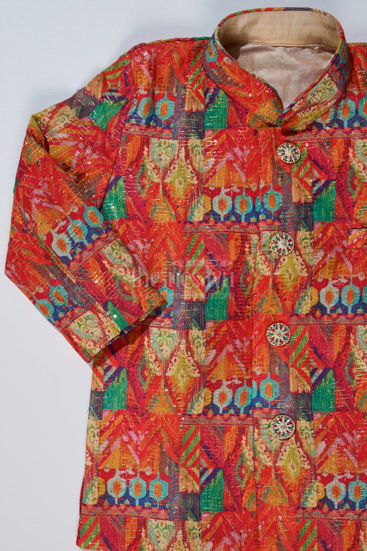 The Nesavu Boys Kurtha Set Boys Light Red Kurta with Printed Jacket and Cream Dhoti for Special Occasions Nesavu Boys Light Red Kurta Printed Jacket Cream Dhoti Festive Wear | The Nesavu