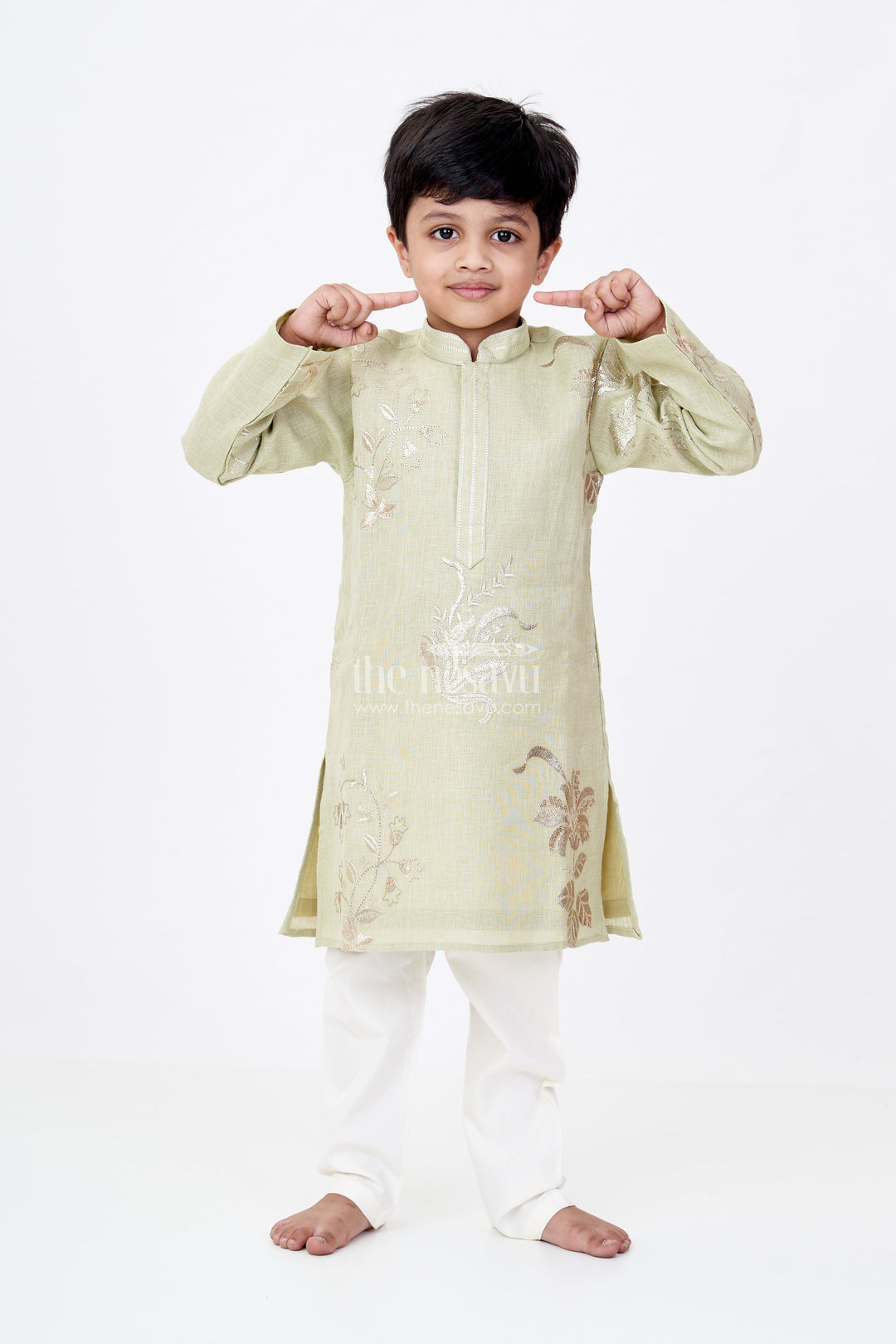 The Nesavu Boys Kurtha Set Boys Linen Blend Green Kurtha Set with Subtle Golden Embroidery and Cream Pants Nesavu 16 (1Y) / Green BES671A-16 Boys Green Kurtha Set Linen Blend Golden Embroidery Cream Pants | The Nesavu
