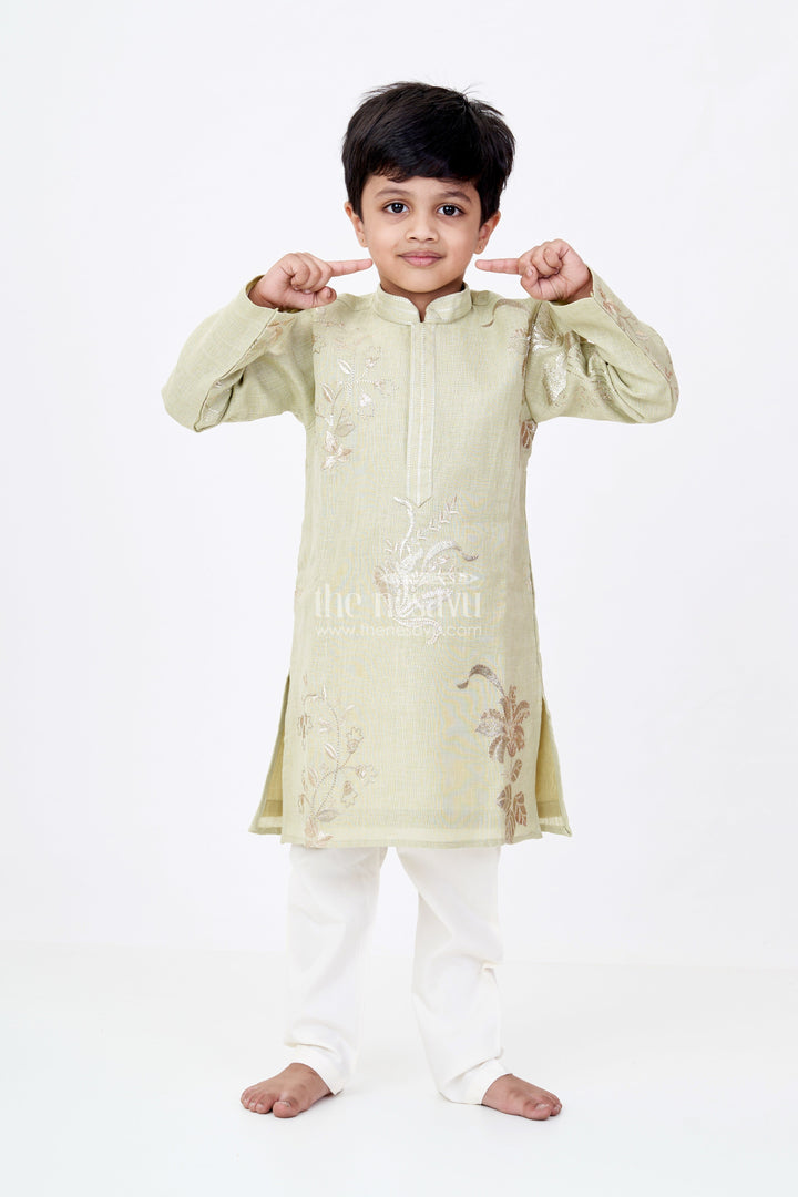 The Nesavu Boys Kurtha Set Boys Linen Blend Green Kurtha Set with Subtle Golden Embroidery and Cream Pants Nesavu 16 (1Y) / Green BES671A-16 Boys Green Kurtha Set Linen Blend Golden Embroidery Cream Pants | The Nesavu