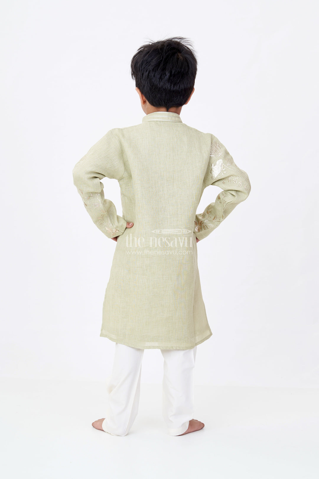 The Nesavu Boys Kurtha Set Boys Linen Blend Green Kurtha Set with Subtle Golden Embroidery and Cream Pants Nesavu Boys Green Kurtha Set Linen Blend Golden Embroidery Cream Pants | The Nesavu