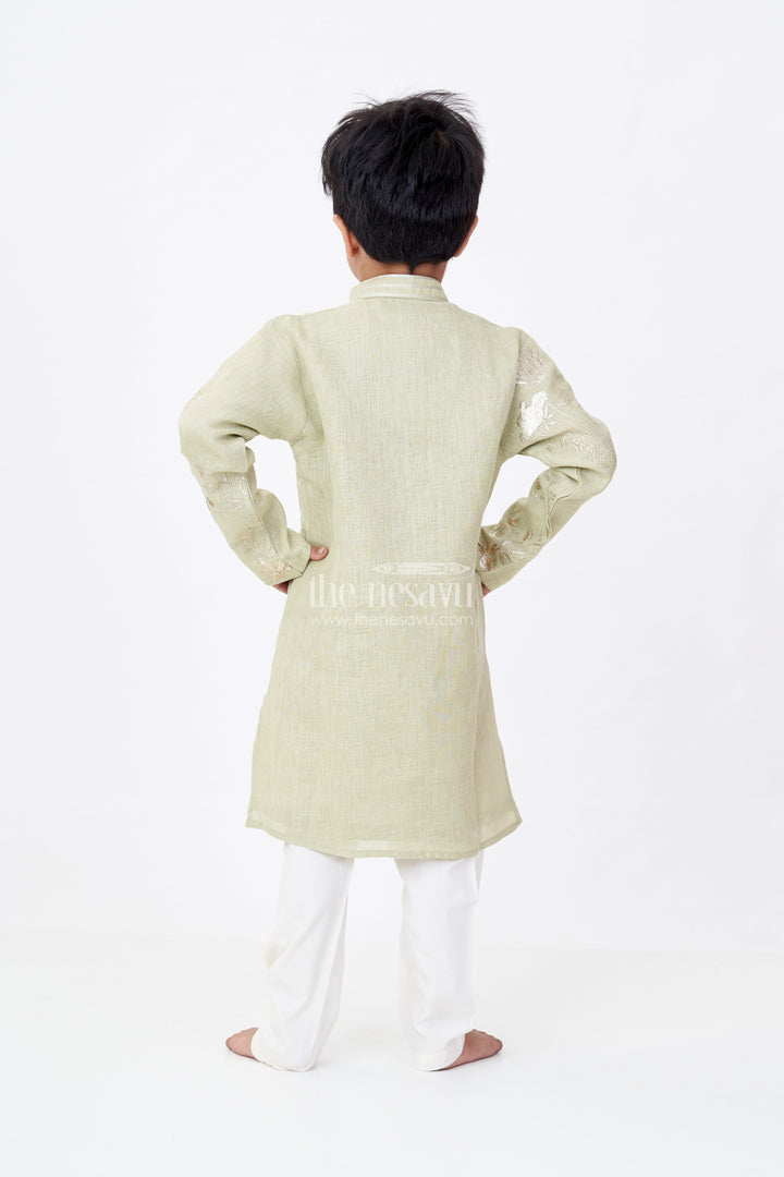 The Nesavu Boys Kurtha Set Boys Linen Blend Green Kurtha Set with Subtle Golden Embroidery and Cream Pants Nesavu Boys Green Kurtha Set Linen Blend Golden Embroidery Cream Pants | The Nesavu