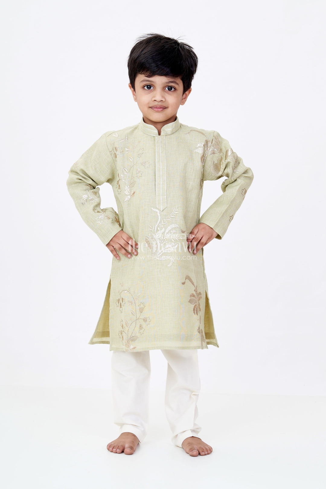 The Nesavu Boys Kurtha Set Boys Linen Blend Green Kurtha Set with Subtle Golden Embroidery and Cream Pants Nesavu Boys Green Kurtha Set Linen Blend Golden Embroidery Cream Pants | The Nesavu