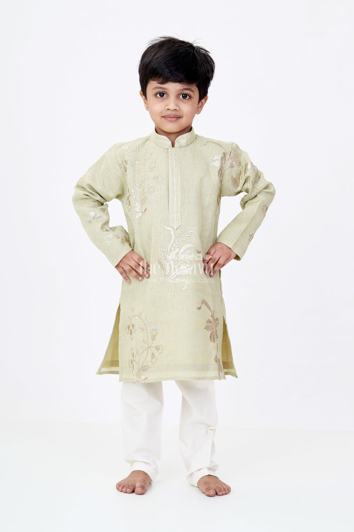 The Nesavu Boys Kurtha Set Boys Linen Blend Green Kurtha Set with Subtle Golden Embroidery and Cream Pants Nesavu Boys Green Kurtha Set Linen Blend Golden Embroidery Cream Pants | The Nesavu