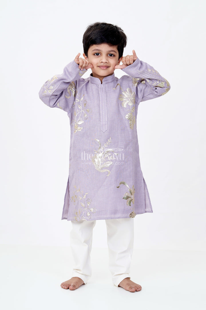 The Nesavu Boys Kurtha Set Boys Linen Blend Grey Kurtha Set with Metallic Embroidered Florals and Soft Cream Pants Nesavu 14 (6M) / Purple BES671B-14 Boys Grey Kurtha Set Linen Blend Metallic Embroidery Cream Pants | The Nesavu