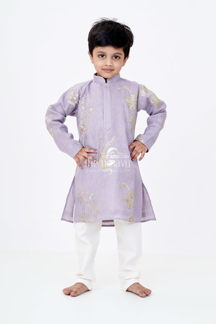 The Nesavu Boys Kurtha Set Boys Linen Blend Grey Kurtha Set with Metallic Embroidered Florals and Soft Cream Pants Nesavu Boys Grey Kurtha Set Linen Blend Metallic Embroidery Cream Pants | The Nesavu