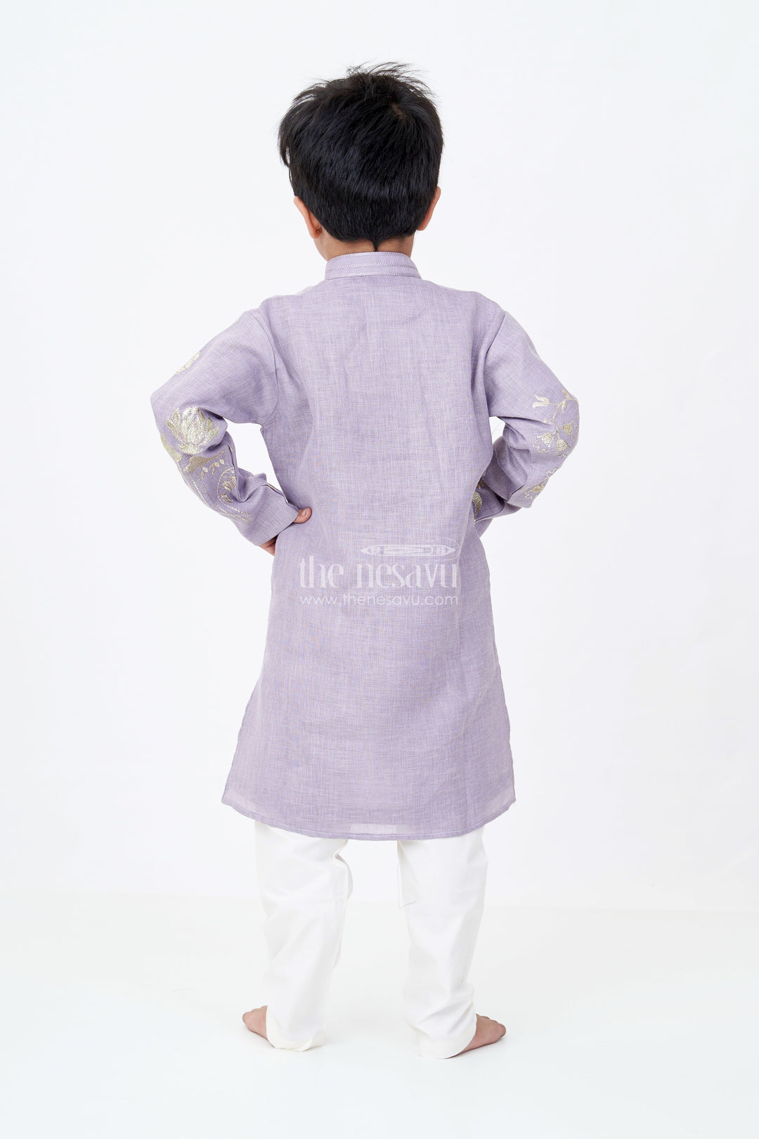 The Nesavu Boys Kurtha Set Boys Linen Blend Grey Kurtha Set with Metallic Embroidered Florals and Soft Cream Pants Nesavu Nesavu Boys Grey Kurtha Set Linen Blend Metallic Embroidery Cream Pants