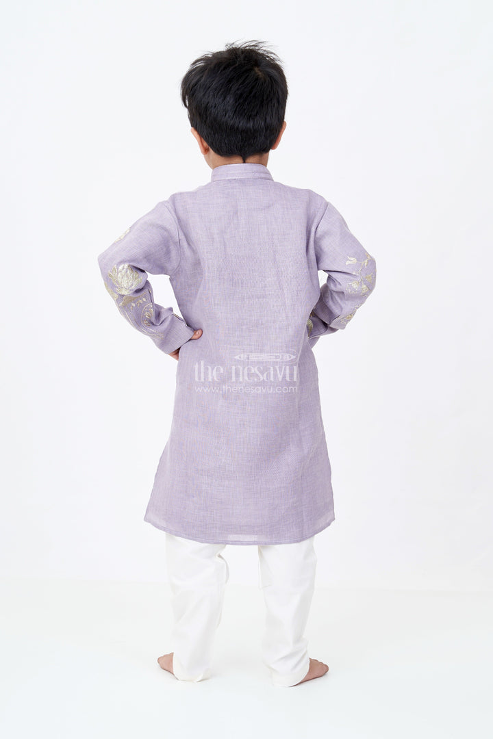 The Nesavu Boys Kurtha Set Boys Linen Blend Grey Kurtha Set with Metallic Embroidered Florals and Soft Cream Pants Nesavu Nesavu Boys Grey Kurtha Set Linen Blend Metallic Embroidery Cream Pants