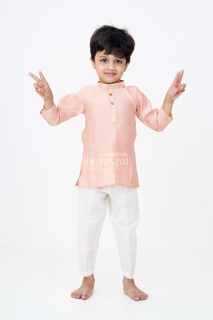 The Nesavu Boys Kurtha Set Boys Linen Blend New Kurta Pant Set with Subtle Embroidery and Mandarin Collar for Classic Style Nesavu 12 (3M) / Peach BES664A-12 Boys Embroidered Linen Blend New Kurta Pant Set Mandarin Collar Classic Design | The Nesavu