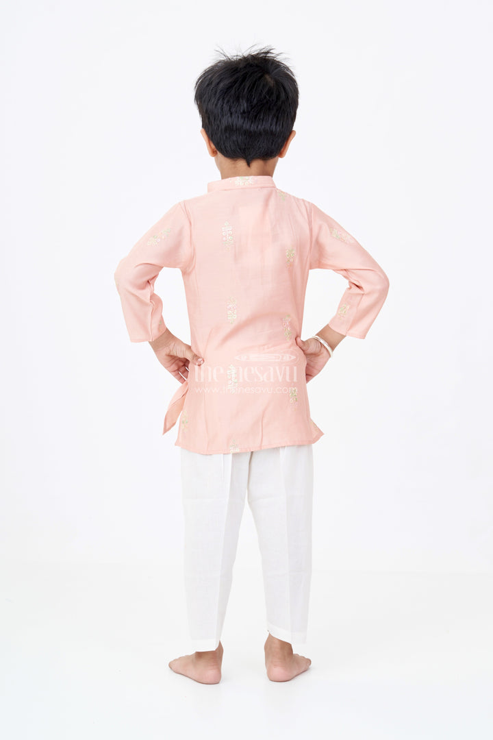 The Nesavu Boys Kurtha Set Boys Linen Blend New Kurta Pant Set with Subtle Embroidery and Mandarin Collar for Classic Style Nesavu Boys Embroidered Linen Blend New Kurta Pant Set Mandarin Collar Classic Design | The Nesavu