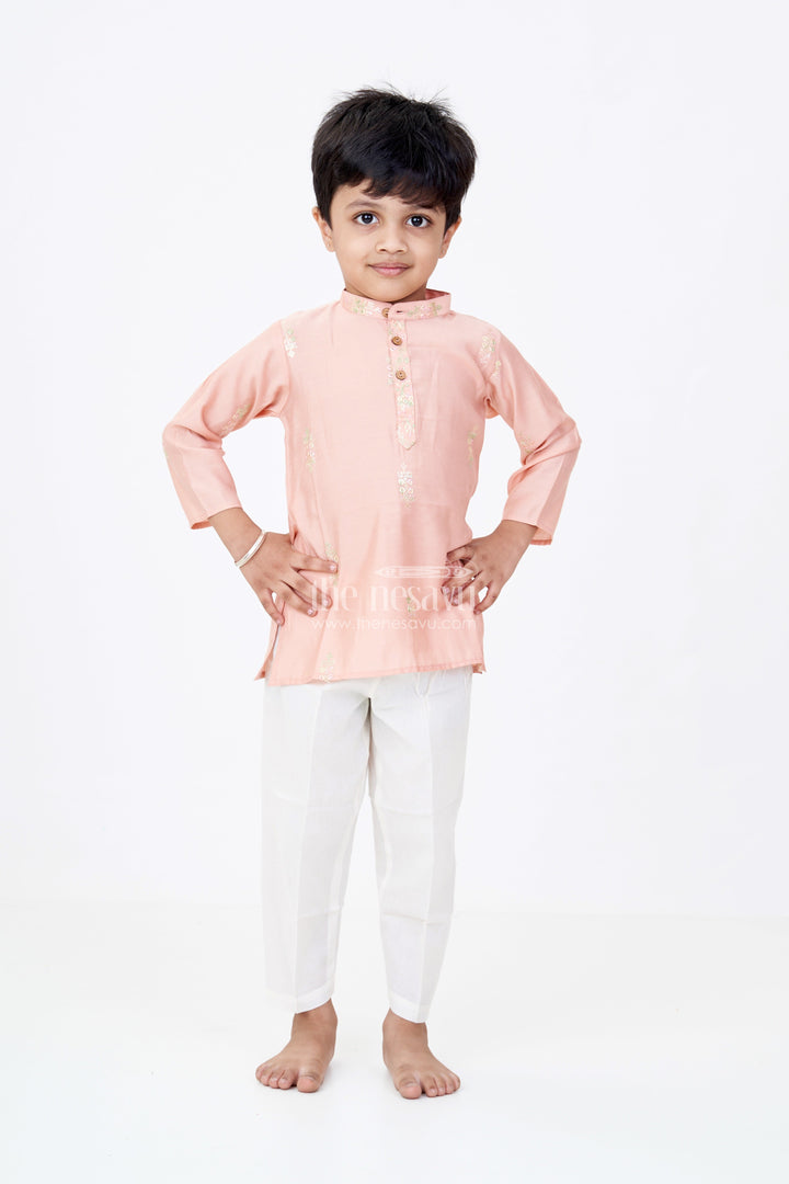The Nesavu Boys Kurtha Set Boys Linen Blend New Kurta Pant Set with Subtle Embroidery and Mandarin Collar for Classic Style Nesavu Boys Embroidered Linen Blend New Kurta Pant Set Mandarin Collar Classic Design | The Nesavu