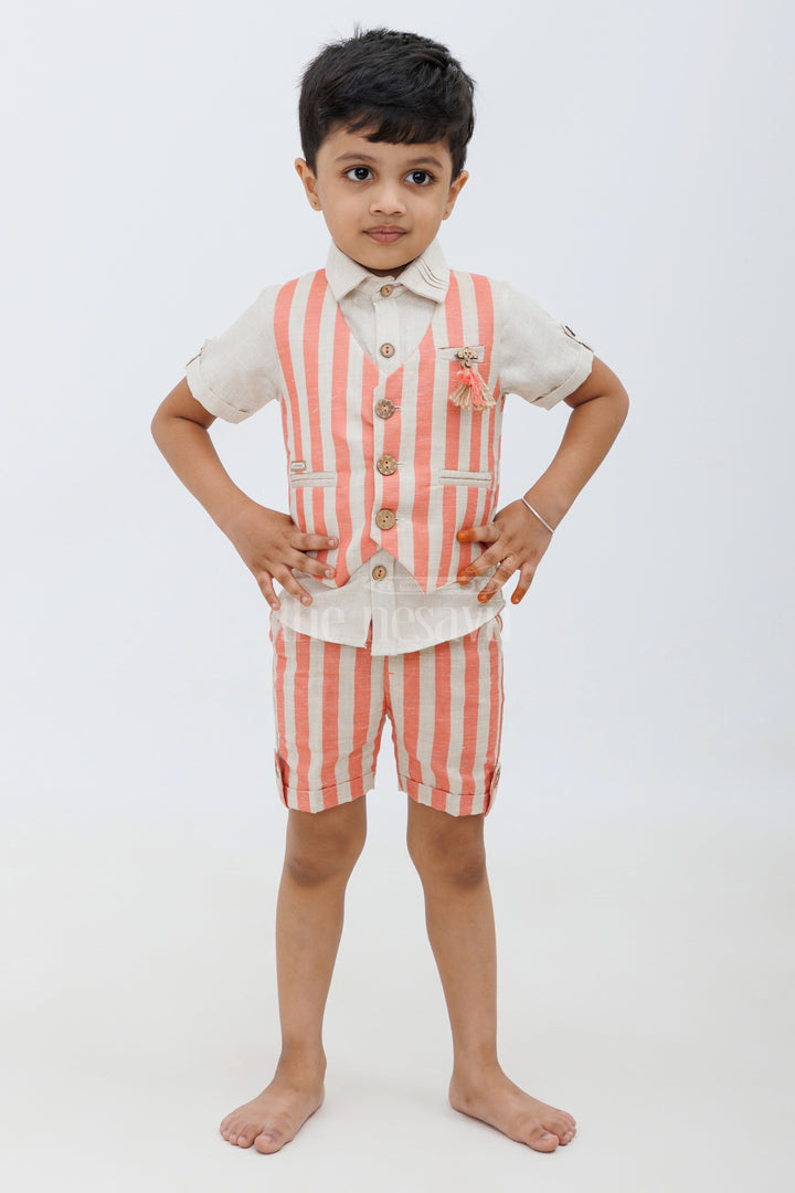 The Nesavu Boys Casual Set Boys' Linen Cotton Co-ord Shorts Set - Tomato Striped Nesavu