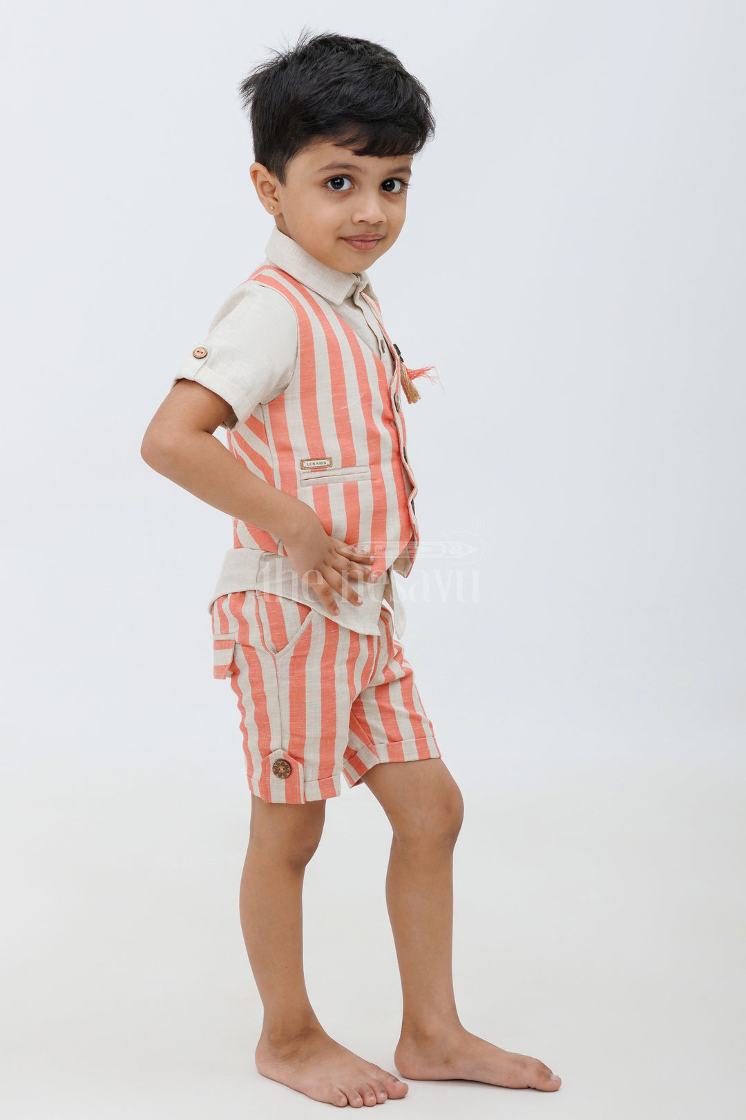 The Nesavu Boys Casual Set Boys' Linen Cotton Co-ord Shorts Set - Tomato Striped Nesavu