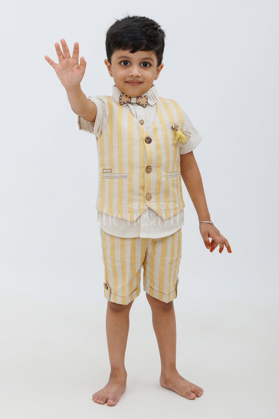 The Nesavu Boys Casual Set Boys' Linen Cotton Co-ord Shorts Set - Yellow Striped Nesavu