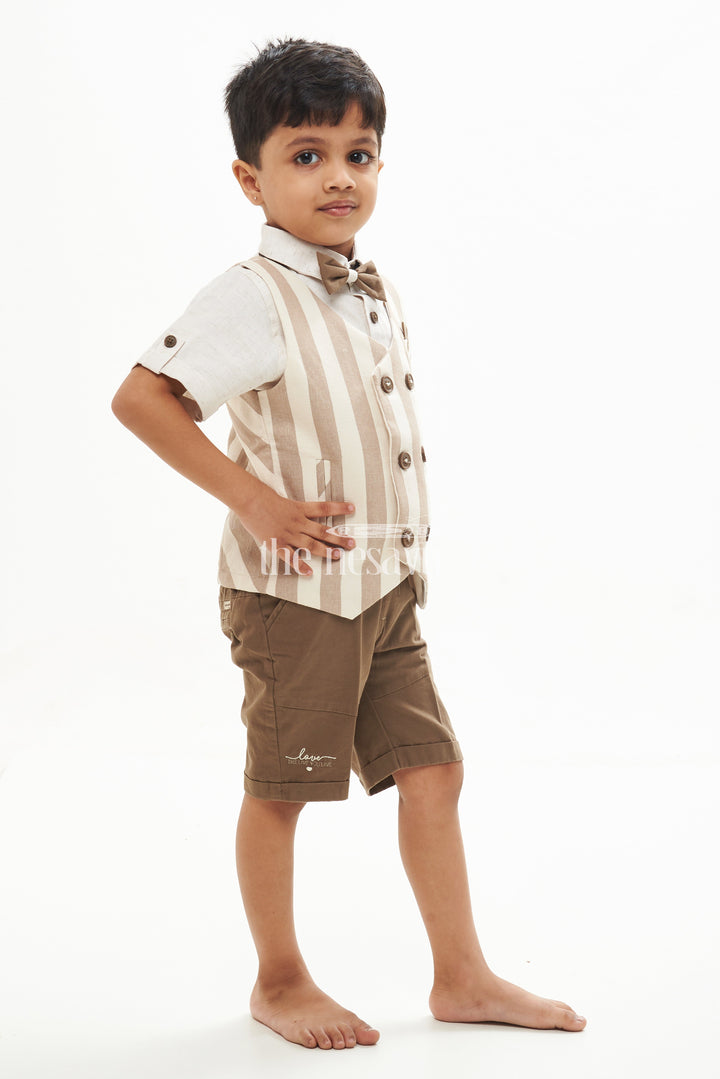 The Nesavu Boys Casual Set Boys' Linen Cotton Waistcoat Shorts Set - Brown Striped Nesavu