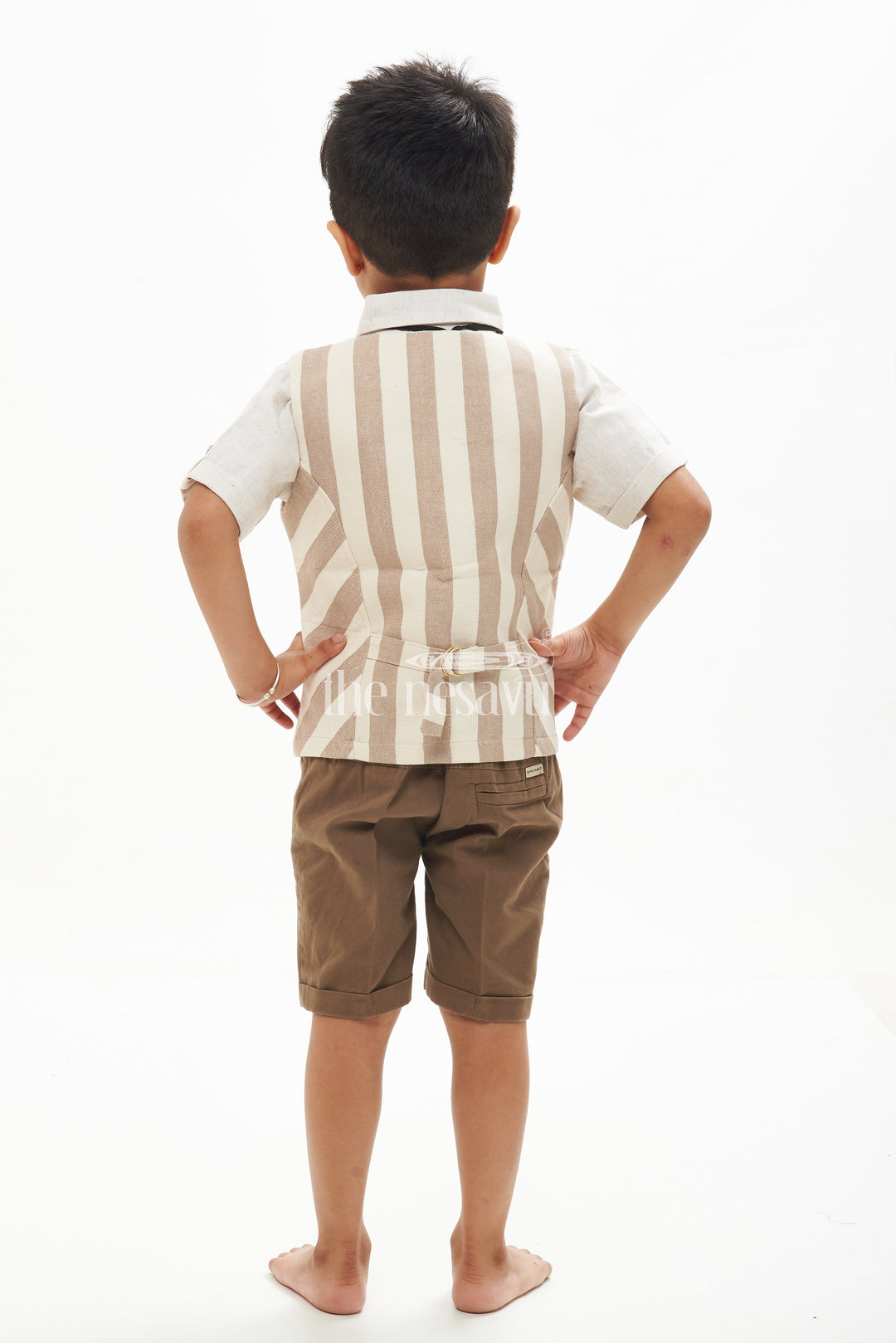 The Nesavu Boys Casual Set Boys' Linen Cotton Waistcoat Shorts Set - Brown Striped Nesavu