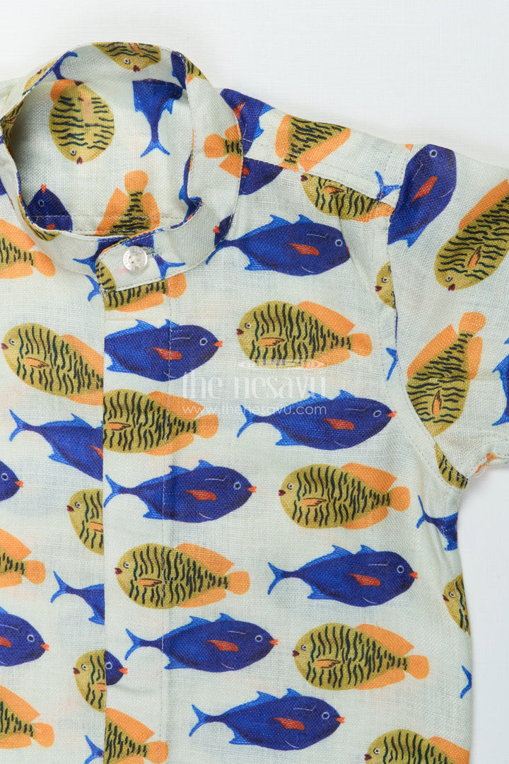 The Nesavu Boys Linen Shirt Boys Linen Shirt with Playful Fish Print for Summer Outings Nesavu Nesavu boys printed linen shirt with colorful fish pattern for summer and casual outings
