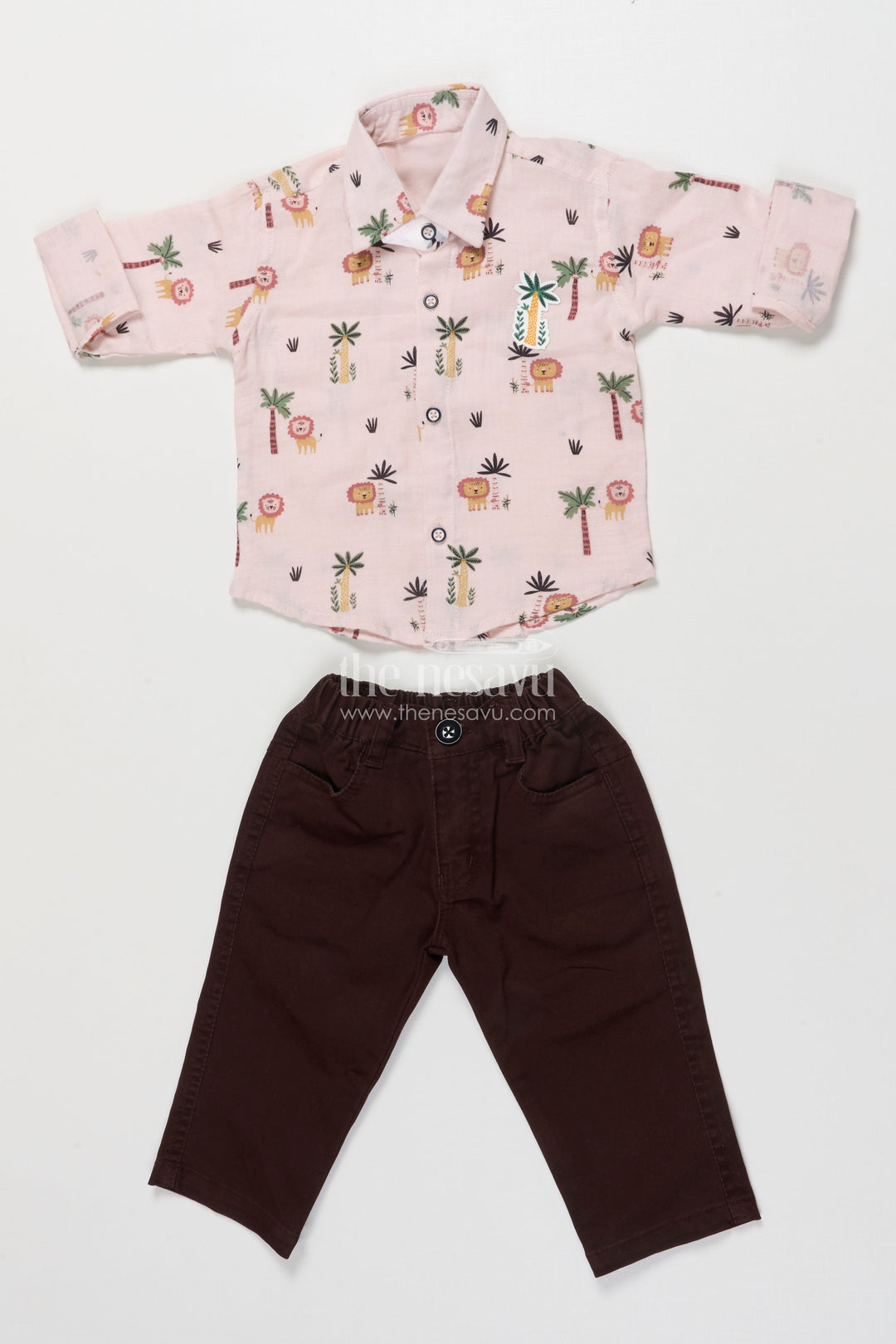 The Nesavu Boys Casual Set Boys Lion Print Cotton Shirt and Pants Set for Everyday Play Nesavu 14 (6M) / Green BCS491A-14 Nesavu boys lion print cotton casual set  fun jungle-themed shirt pants