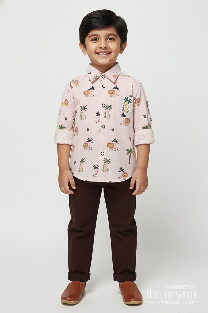 The Nesavu Boys Casual Set Boys Lion Print Cotton Shirt and Pants Set for Everyday Play Nesavu 14 (6M) / Peach BCS492A-14 Nesavu boys lion print cotton casual set  fun jungle-themed shirt pants